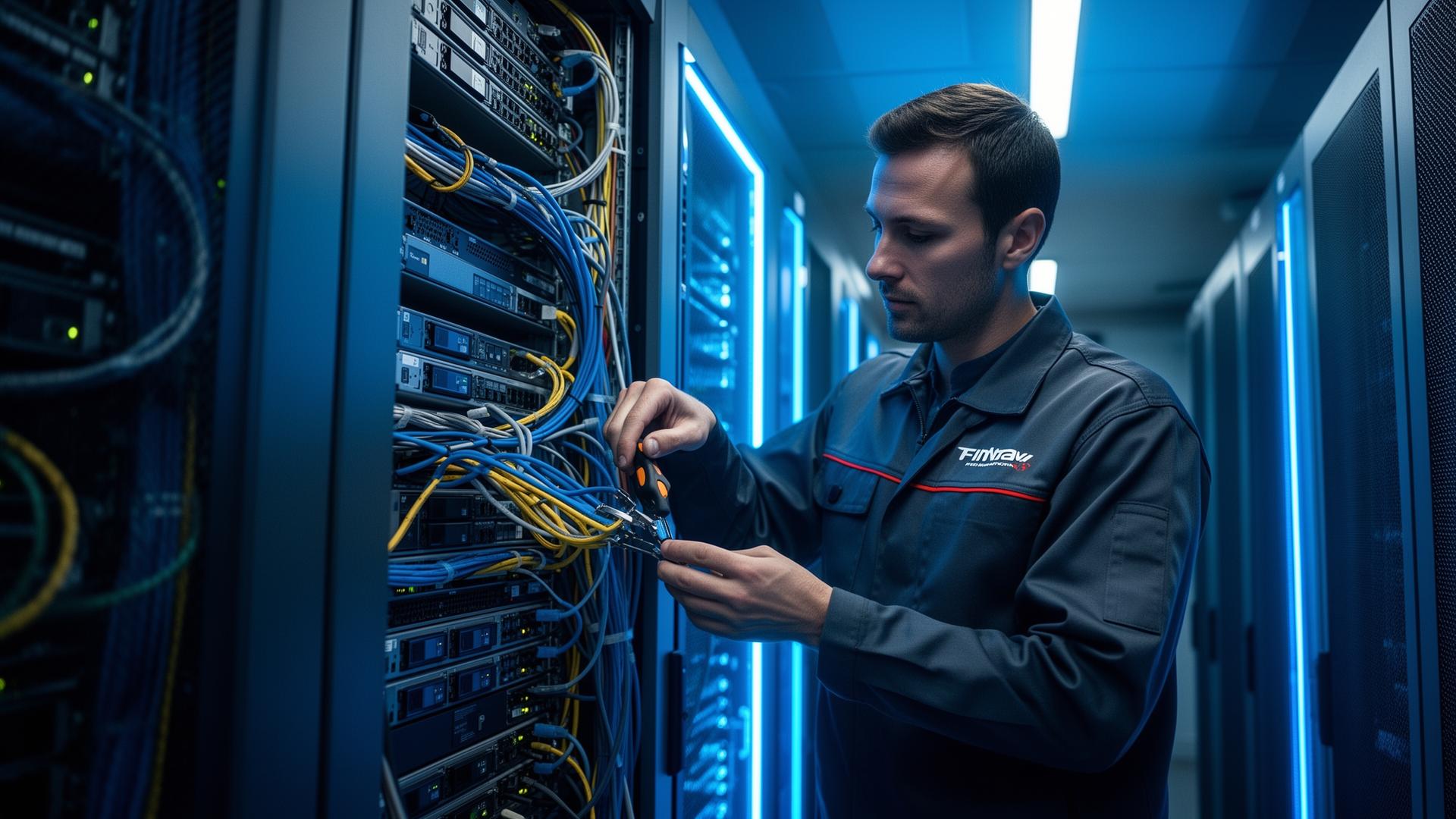 Ehimual technician installing structured cabling in a datacenter